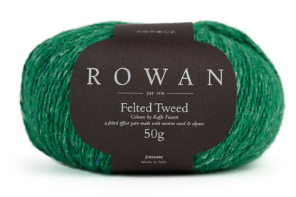 Cucumber bright green yarn ball with Rowan Felted Tweed Kaffe Fassett label on a white background