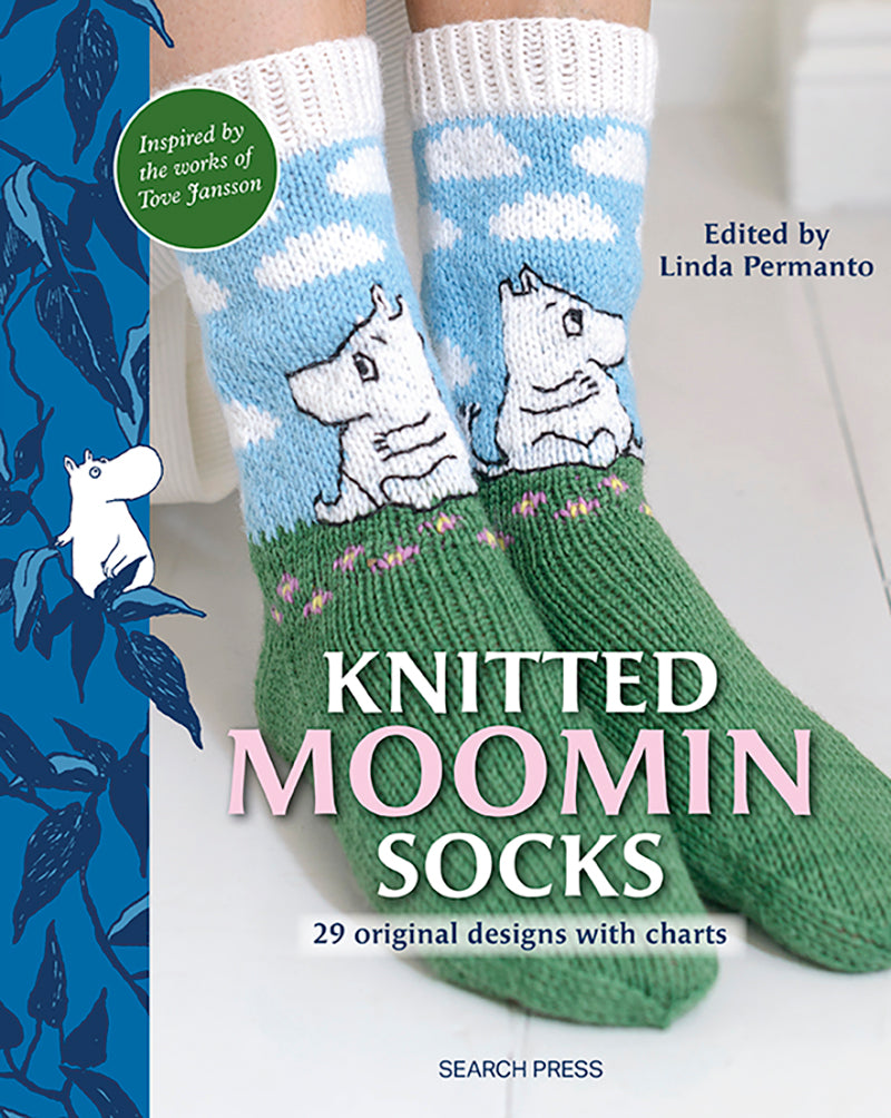 Knitted Moomin socks with character design on a white background, inspired by Tove Jansson's works. 