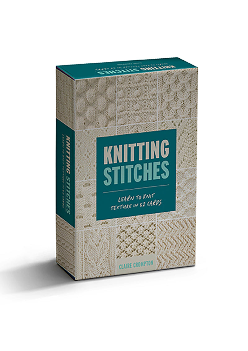 Box of knitting stitch cards in a box with images of textured stitches on the box with blue square with title in it. 