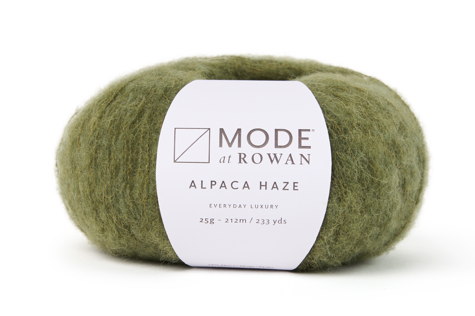 ball of green yarn with plain white background and mode at rowan label with grey writing.