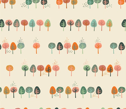 Clear Path from the Lakeside Collection from Art Gallery Fabrics, a design of stylised small trees in rows in greens, oranges and pinks on a cream background.