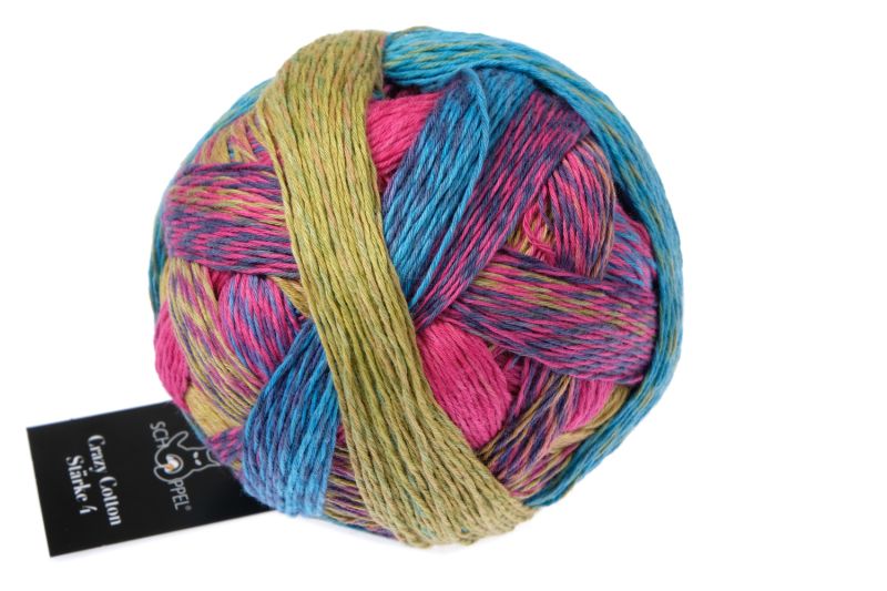 Image shows wound ball of Schoppel Crazy Cotton 4ply/sock.  The colour is Ladies First, with shades of pink, blue, sage and purple.