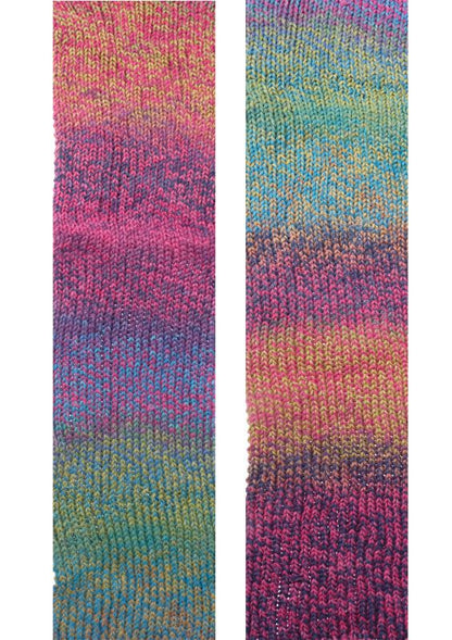 Image shows knitted sample of Schoppel Crazy Cotton 4ply/sock.  The colour is Ladies First, with shades of pink, blue, sage and purple.