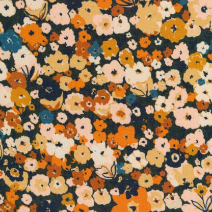 Meadow from Sunday Collection for Cloud9 Fabrics, a floral pattern with orange, yellow, and pink flowers on a dark blue background.