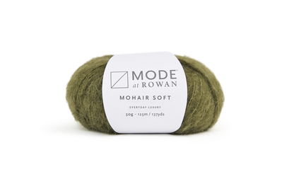 Green ball of yarn with white mode at rowan label on a plain white background. 