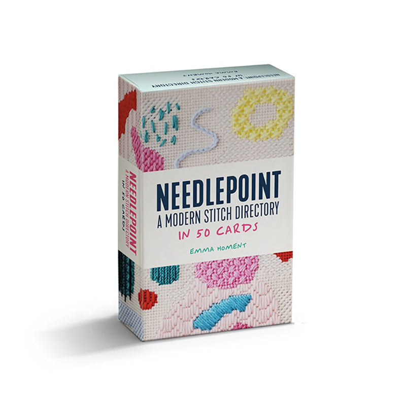 Box of 'Needlepoint: A Modern Stitch Directory in 50 Cards'  with examples along the front on the cover all on a white background.