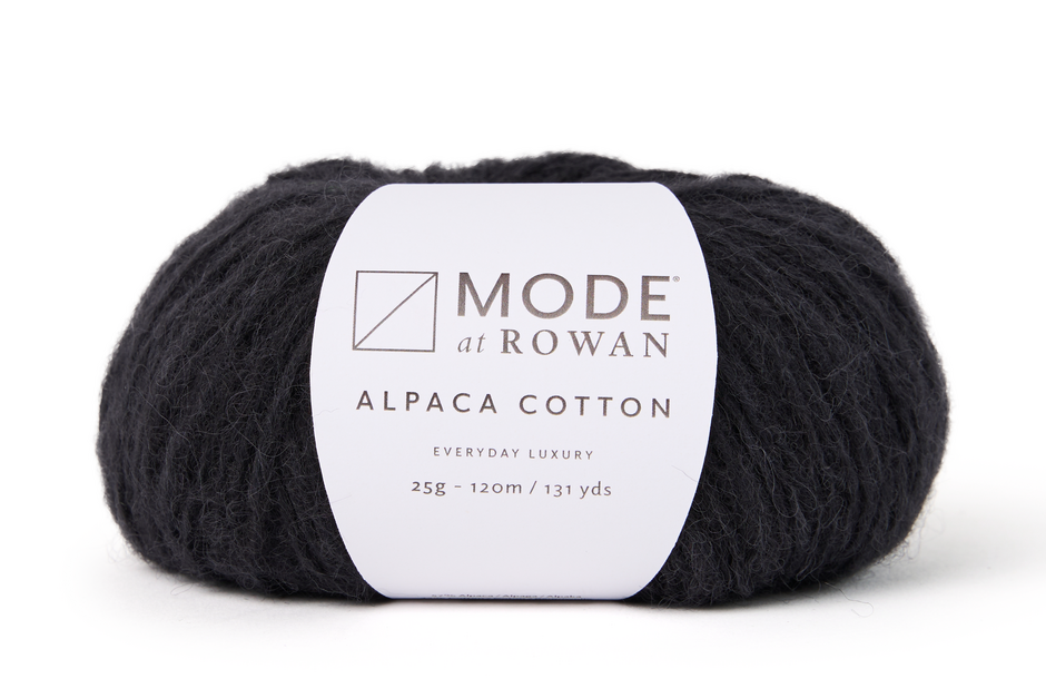 black ball of yarn with mode at rowan label with grey writing and a white background.