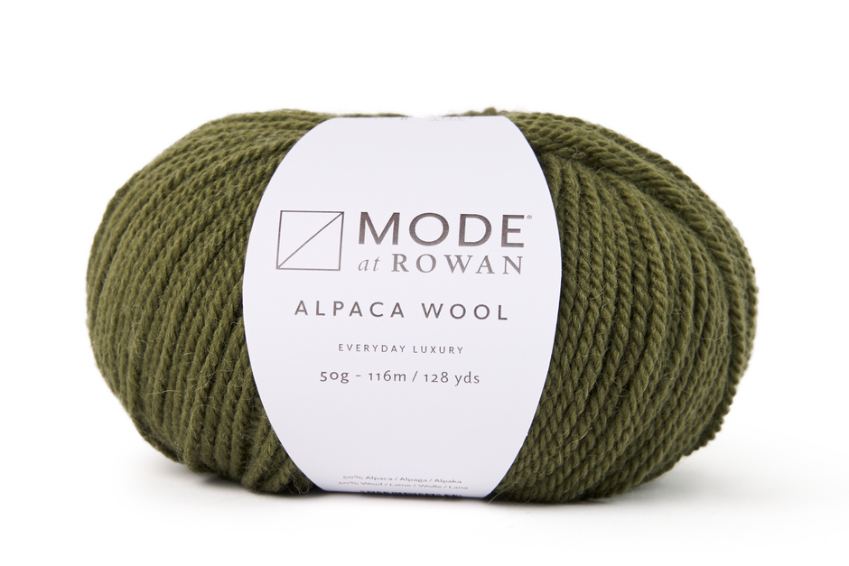 olive green ball of yarn with mode at rowan label on a plain white background.