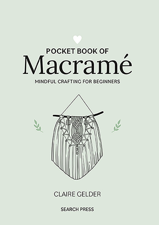 Book cover of 'Pocket Book of Macramé' with a macramé design and text on a light green background