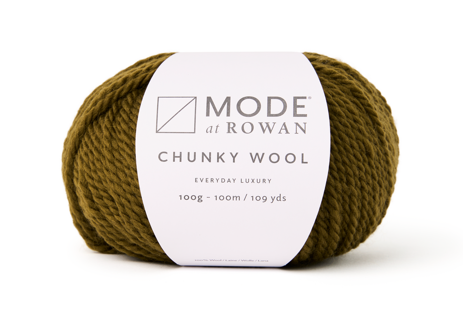 ball of mossy green chunky wool. with mode at rowan label on a plain white background.