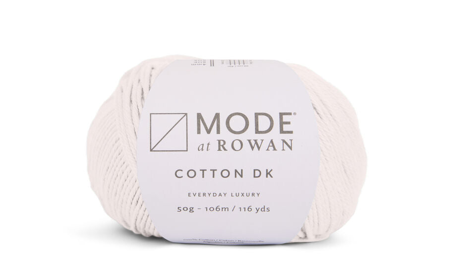 ball of white yarn on a white background with mode at rowan with grey writing.