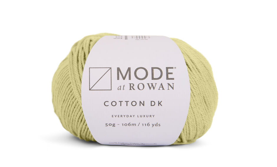 ball of green yarn on a plain white background with a mode at rowan label with grey writing.