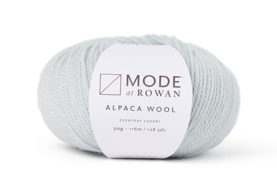 light powder blue ball of yarn with mode at rowan label on a white background.