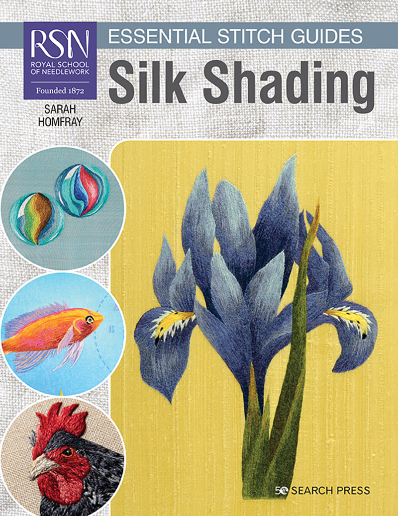 Book cover of 'Silk Shading' by Sarah Homfray with illustrations and RSN logo with images of silk shading examples. 