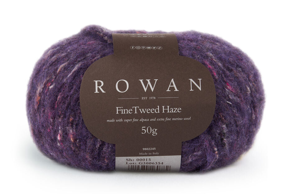 Image shows ball of Rowan Fine Tweed Haze in shade 015 Rain, purple with pink and neutral speckles.