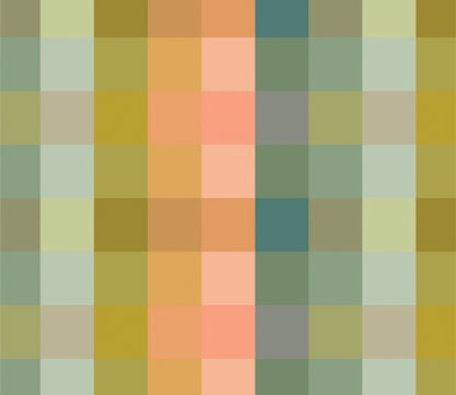 A swatch of Colour Blocks Matcha from Slow Summer Collection for Art Gallery Fabrics, a checkered pattern with a mix of green, orange, and blue,