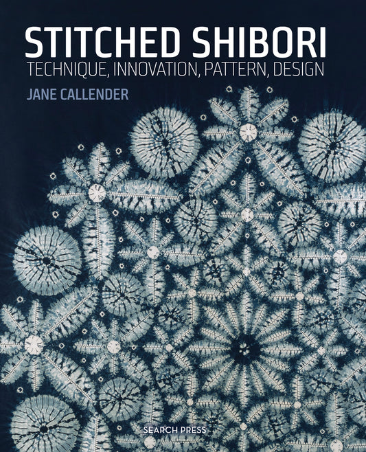 Book cover of 'Stitched Shibori' by fabric background.
