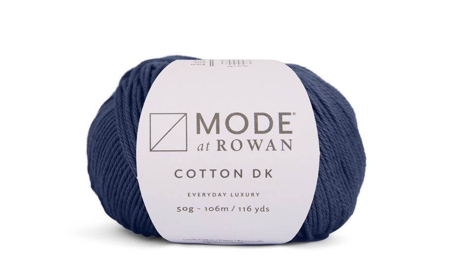 ball of blue yarn on a white background with a mode at rowan label and grey writing.