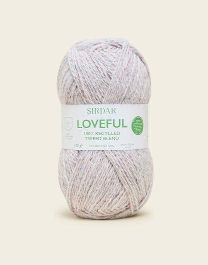 light white Sirdar Loveful yarn ball on a light beige background.