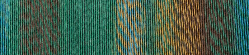 Image shows colour palette of Schoppel Crazy Cotton 4ply/sock.  The colour is Sir Henry, with shades of turquoise, teal, brown and gold.
