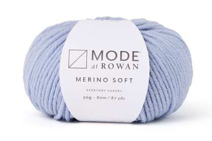 ball of light blue yarn with mode at rowan label with grey writing on a white background.
