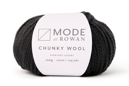 ball of dark gray/black yarn with mode at rowan label and a plain white background.