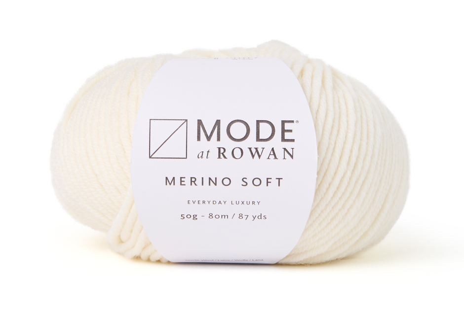 white yarn with mode at rowan label on a plain white background. 