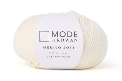 white yarn with mode at rowan label on a plain white background. 