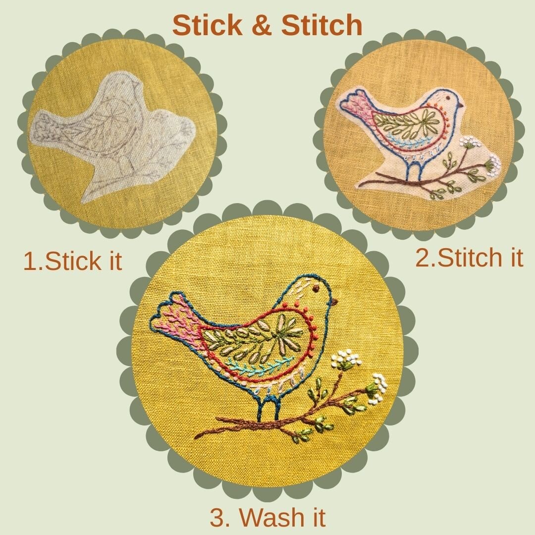 three images showing the process and how to use corinne stick and stitch patterns first says stick it, second says stitch it and lastly wash it.