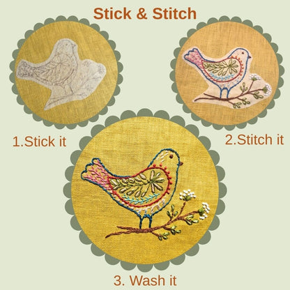 three images showing the process and how to use corinne stick and stitch patterns first says stick it, second says stitch it and lastly wash it.