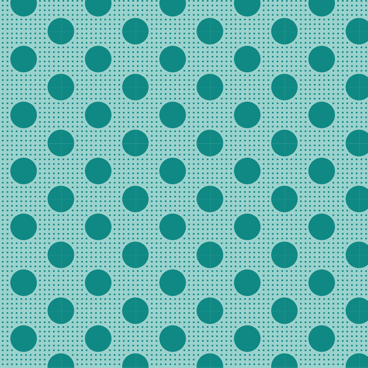 A repeating pattern of dark teal circles on a light aqua background with a fine dotted grid texture.