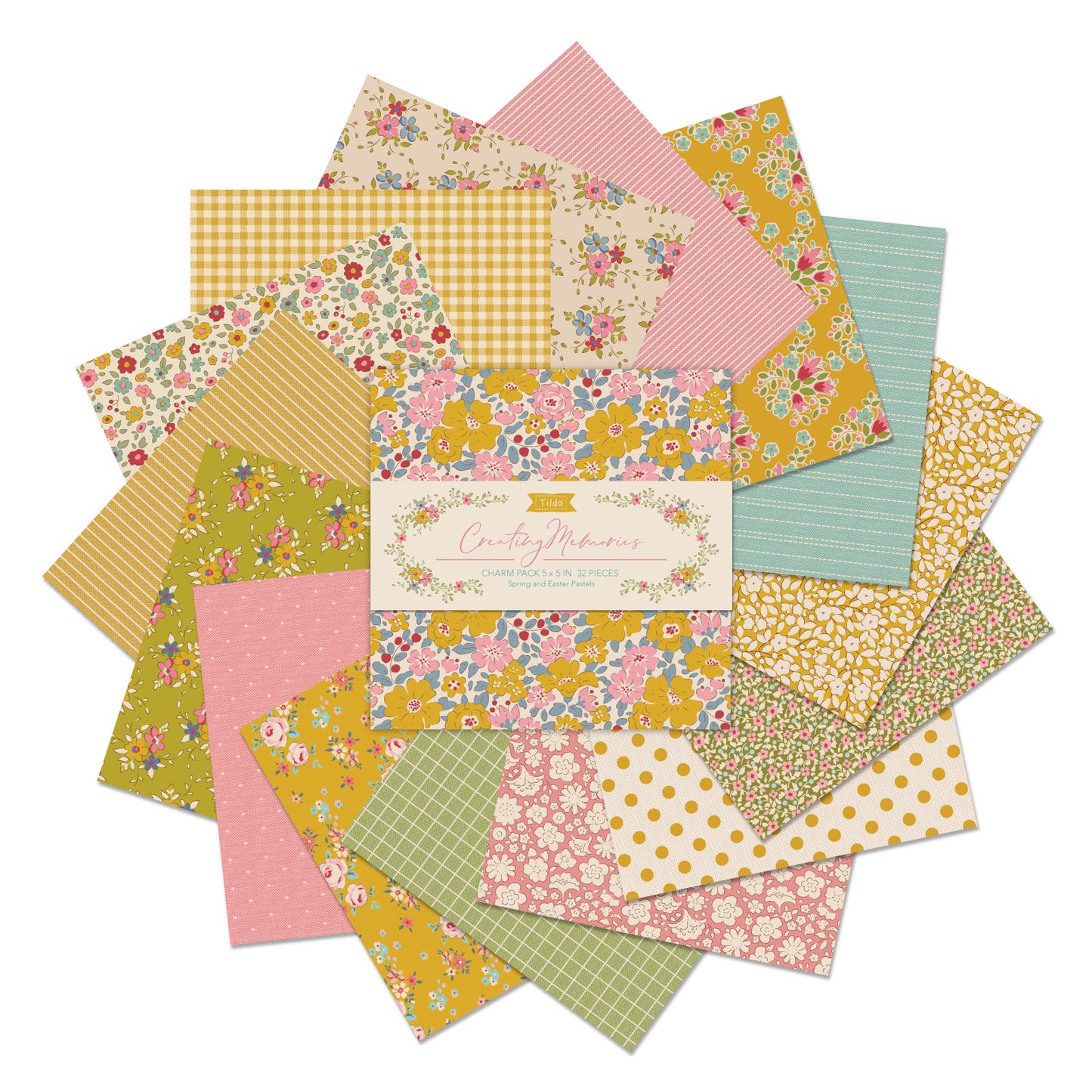 A fabric charm pack of 5" x 5" squares by Tilda  with a spring colour   theme of small prints, checks and stripes, photographed against a white background.