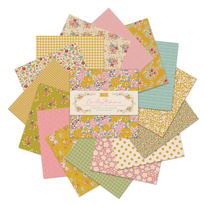 A fabric charm pack of 5" x 5" squares by Tilda  with a spring colour   theme of small prints, checks and stripes, photographed against a white background.