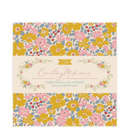 A fabric charm pack of 5" x 5" squares by Tilda  with a spring colour theme in small print, photographed against a white background.