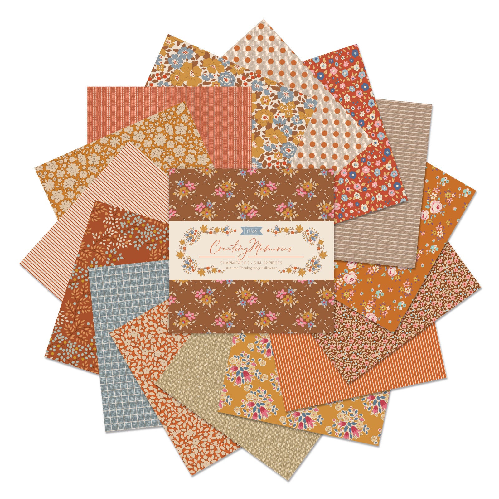 A fabric charm pack of 5" x 5" squares by Tilda  with an autumn colours theme of small prints, checks and stripes, photographed against a white background.