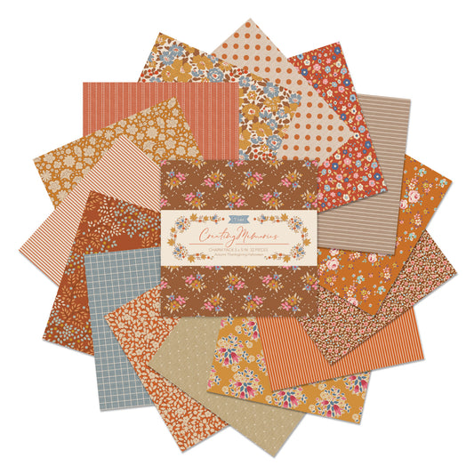 A fabric charm pack of 5" x 5" squares by Tilda  with an autumn colours theme of small prints, checks and stripes, photographed against a white background.