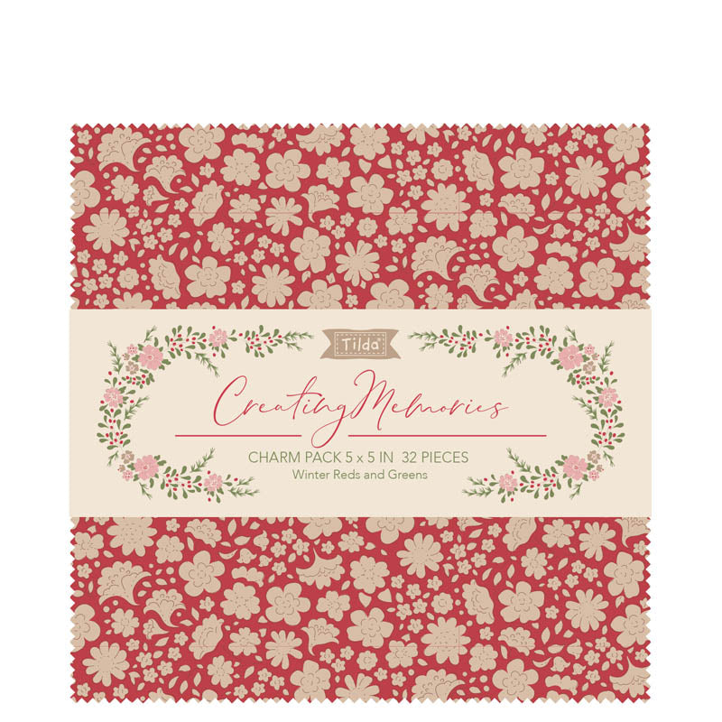 Creating Memories fabric charm pack of 5" x 5" squares by Tilda  showing a red small print, photographed against a white background.