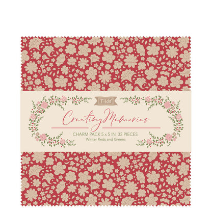 Creating Memories fabric charm pack of 5" x 5" squares by Tilda  showing a red small print, photographed against a white background.