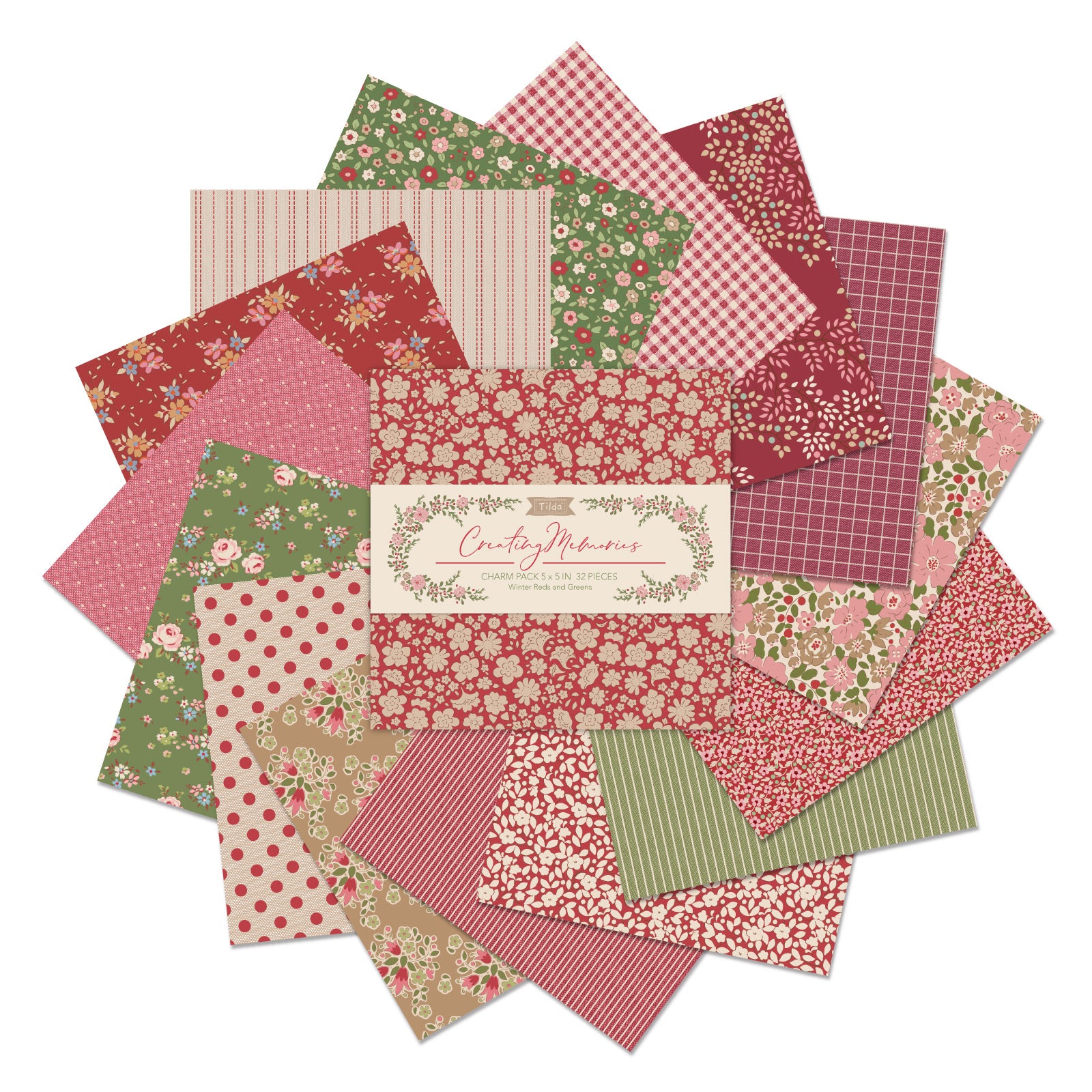 Creating Memories fabric charm pack of 5" x 5" squares by Tilda  with a red and green theme of small prints, checks and stripes, photographed against a white background.