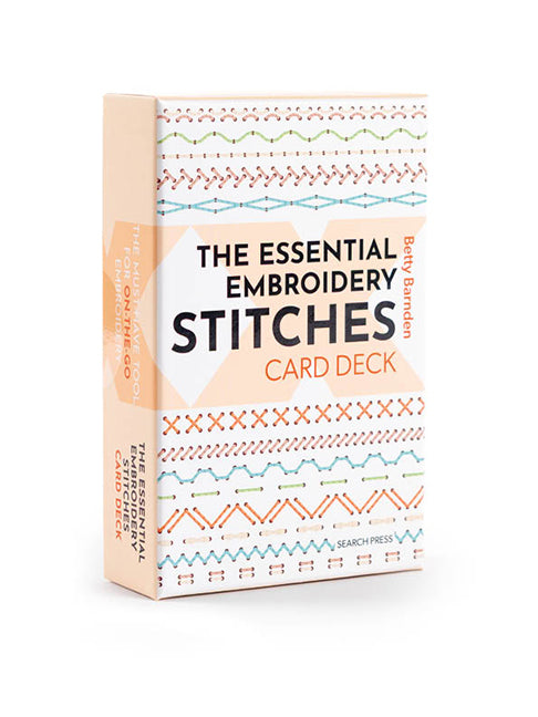 Card deck packaging for 'The Essential Embroidery Stitches' with geometric patterns on a white background