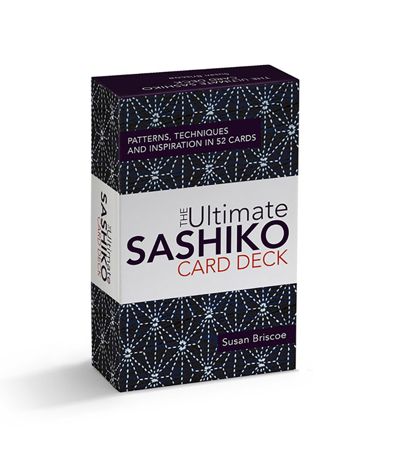 A box of 'The ultimate sashiko card deck' with a dark blue box and white sashiko stitching. on a plain white background.