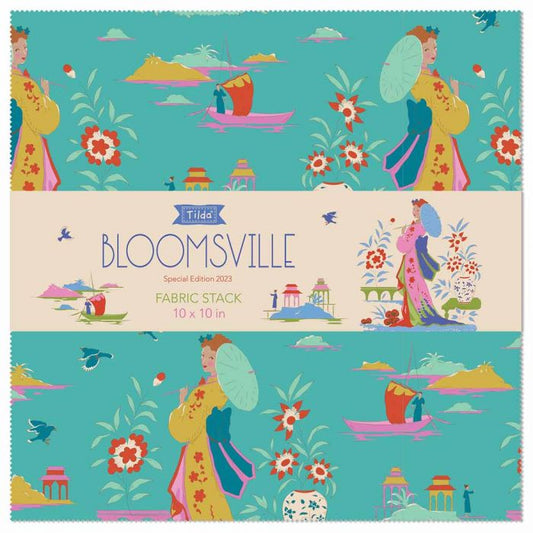 A fabric stack of 10" x 10" squares by Tilda BLOOMSVILLE, with a repeating illustrated pattern of women in oriental traditional-style robes, flowers, boats, and small architectural details on a turquoise background.  photographed against a white background.