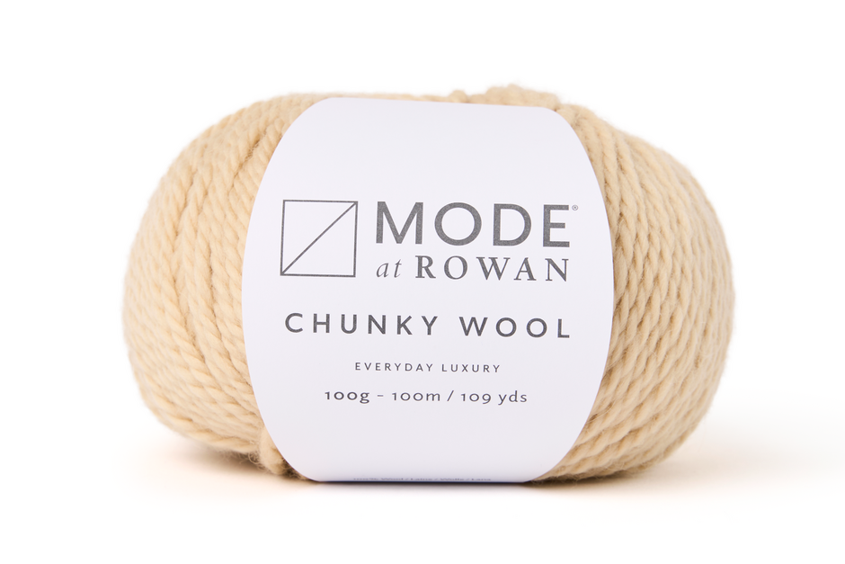 ball off vanilla chunky yarn with mode at rowan label on white background. 