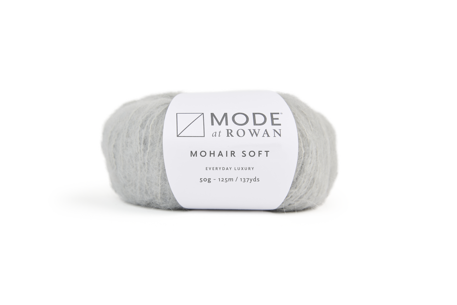 ball of pale grey yarn with mode at rowan 