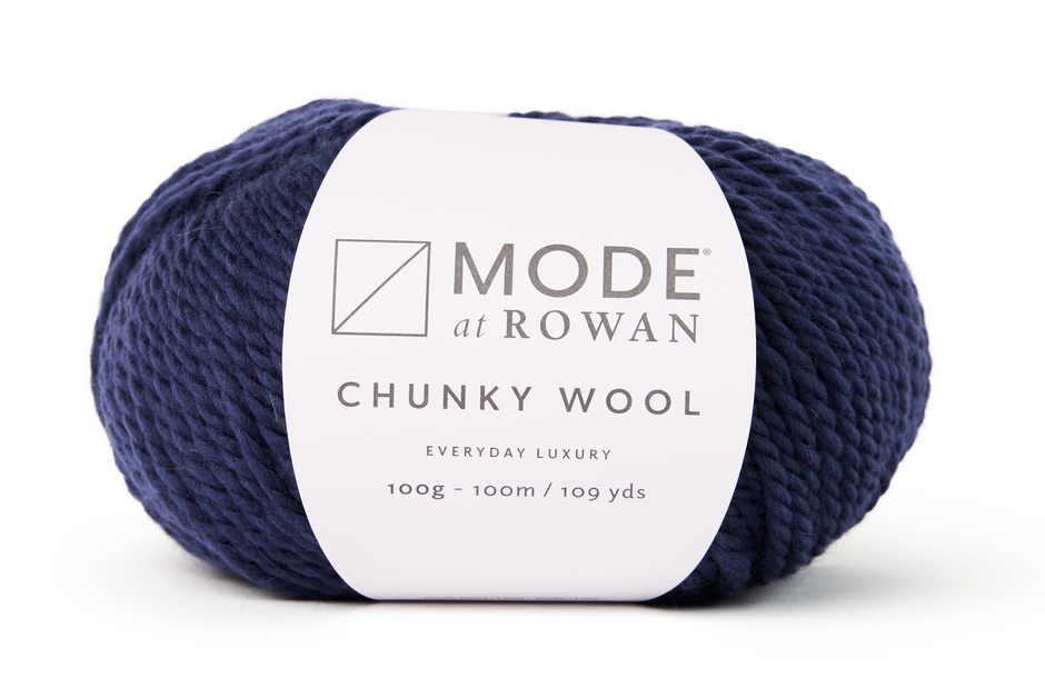 dark blue ball of yarn with mode at rowan label on a white background.