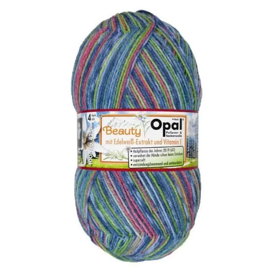 Multicolored skein of yarn with Opal brand label on a white background.  