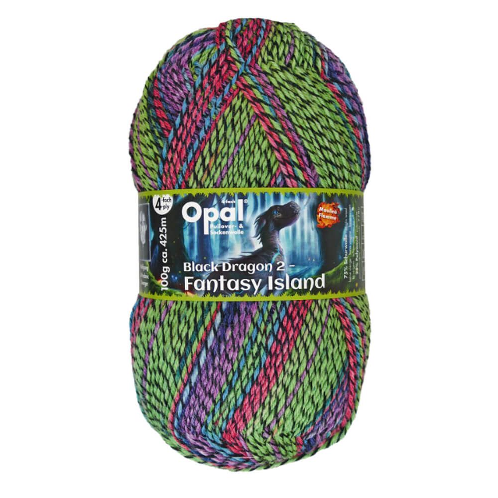 skein of yarn with greens reds  purples and black with opal label depicting a dragon.