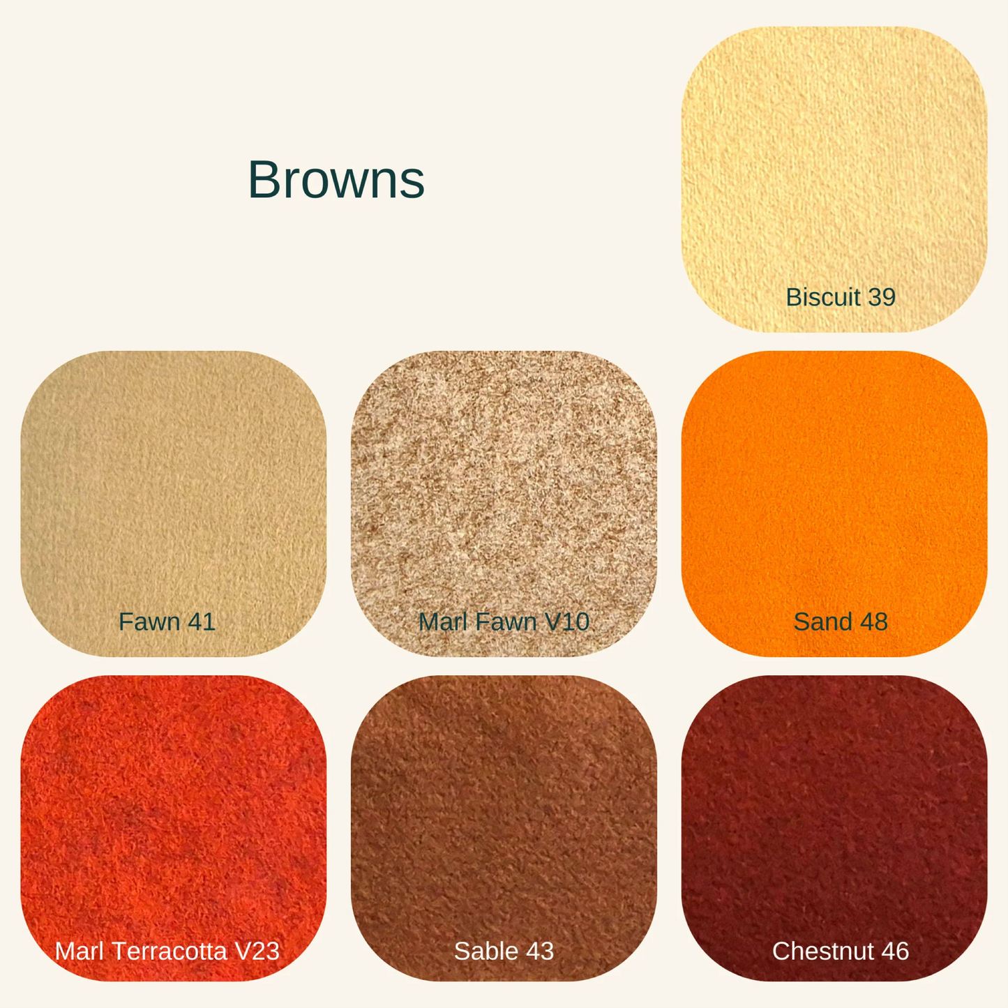 swatches of brown felt colours on a white background and shade names and numbers.