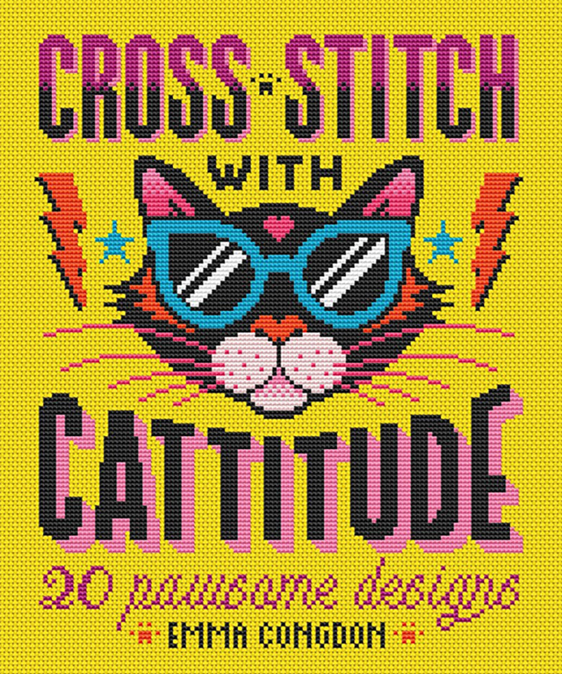 Cross-stitch pattern with a cat wearing glasses and text 'Cross-Stitch with Cattitude' on a yellow background.