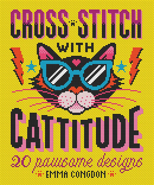 Cross-stitch pattern with a cat wearing glasses and text 'Cross-Stitch with Cattitude' on a yellow background.